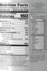 Nutrition facts for Now Foods Whey Protein Creamy Chocolate, highlighting calories, protein, and essential nutrients per serving.
